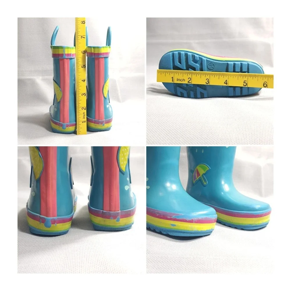 Peppa Pig Kids Rain Boots Size 5-6 Pull On Galoshes Blue Rainbow Umbrella